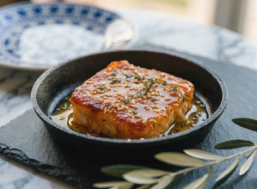 Saganaki – gebratener Käse mit Honig und Sesam